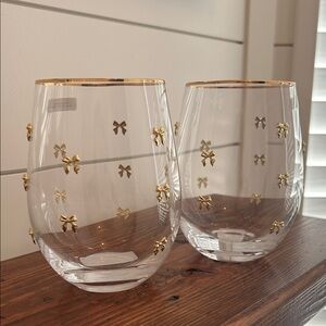 Gold Bow Stemless Wine Glass Set w/Gold Rim
